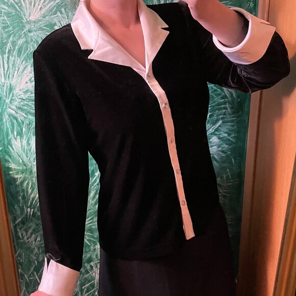 Black Velvet Long Sleeve Button Up Blouse with white collar and hand cuffs - Picture 1 of 8